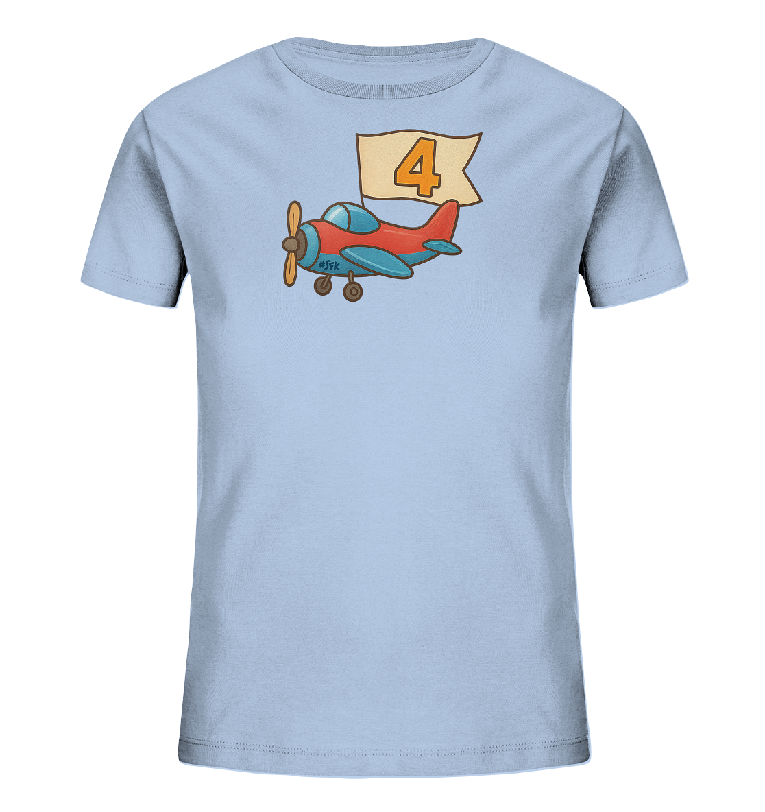 Onlineshop Shirts fuer Kinder - Das Bild zeigt ein hellblaues T-Shirt mit einem verspielten Motiv auf der Vorderseite. Ein rotes Flugzeug mit blauen Details zieht eine beige Fahne hinter sich her. Auf der Fahne ist die Zahl '4' in Orange abgebildet. Das Design ist farbenfroh und ansprechend fuer Kinder.