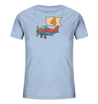 Kinder T-Shirt mit rotem und blauem Flugzeug, Banner und Zahl 4
