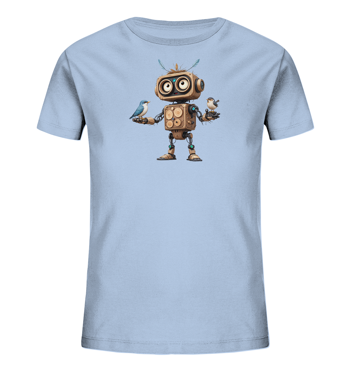 Onlineshop Shirts für Kinder - Das Bild zeigt ein hellblaues Kinder-T-Shirt mit einem einzigartigen Motiv auf der Vorderseite. Abgebildet ist ein freundlicher, cartoonartiger Roboter, der aus verschiedenen Holz- und Metallteilen zusammengesetzt zu sein scheint. Der Roboter hält liebevoll in jeder Hand einen kleinen Vogel. Dieses detaillierte und fantasievolle Design macht das Shirt zu einem Hingucker.