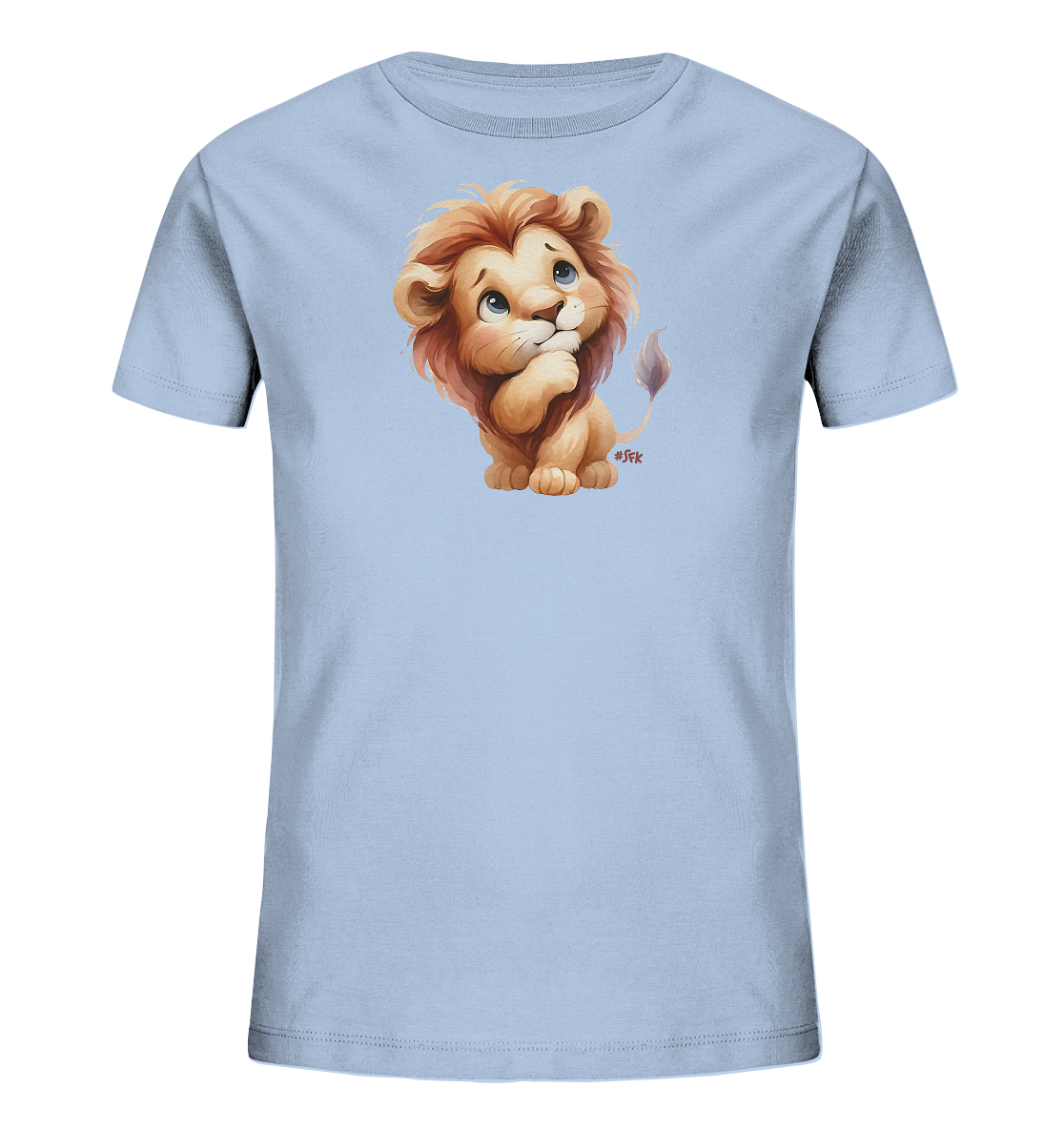 Kinder T-Shirt mit nachdenklichem Cartoon-Löwen und großen blauen Augen