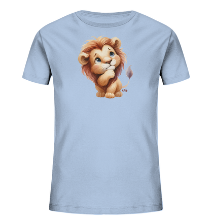 Kinder T-Shirt mit nachdenklichem Cartoon-Löwen und großen blauen Augen