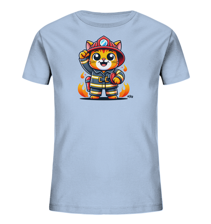 Kinder T-Shirt mit eine winkende Cartoon-Katze als Feuerwehrfigur mit Helm und Uniform