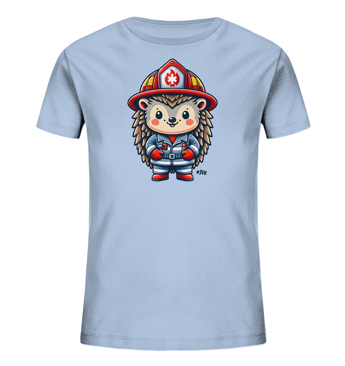 Onlineshop Shirts fuer Kinder - Hellblaues T-Shirt mit niedlicher Igel-Grafik in Feuerwehrmontur. Die Illustration zeigt den Igel mit Helm und Uniform.