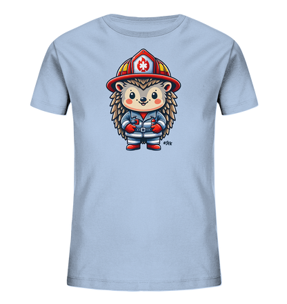Onlineshop Shirts fuer Kinder - Hellblaues T-Shirt mit niedlicher Igel-Grafik in Feuerwehrmontur. Die Illustration zeigt den Igel mit Helm und Uniform.