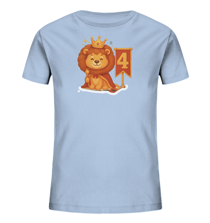 Kinder T-Shirt mit Löwenkönig, Krone, rotem Umhang und Zahl 4