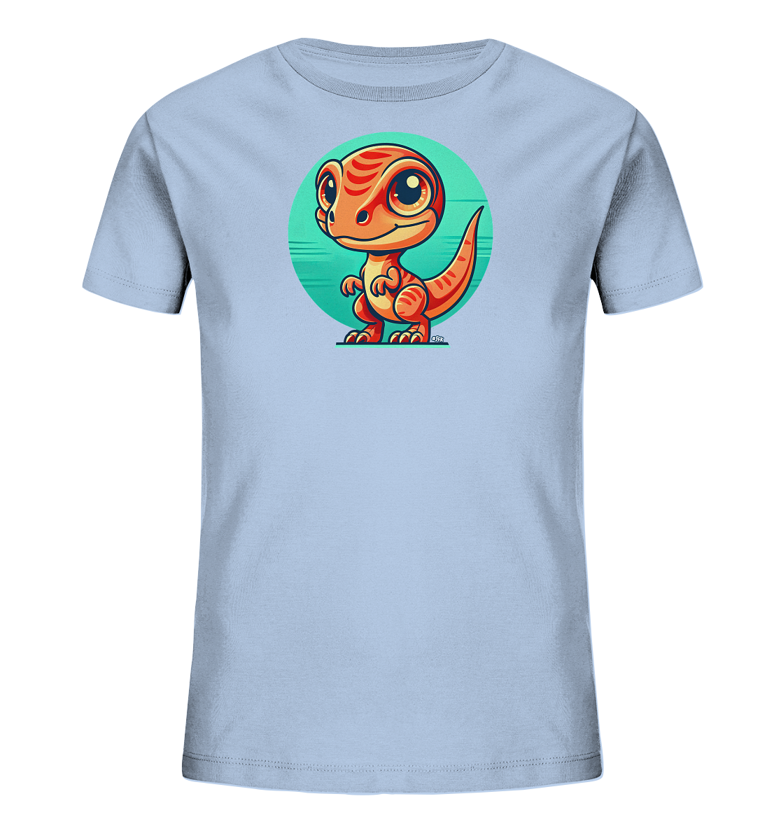 Onlineshop Shirts fuer Kinder - Das Bild zeigt ein hellblaues Kinder-T-Shirt mit einem niedlichen Comic-Dinosaurier auf der Vorderseite. Der orangefarbene Dinosaurier mit grossen Augen und roten Streifen steht vor einem tuerkisfarbenen Kreis. Die Illustration ist farbenfroh und kindgerecht gestaltet. Das T-Shirt ist schlicht und dient als Hintergrund fuer das Motiv.