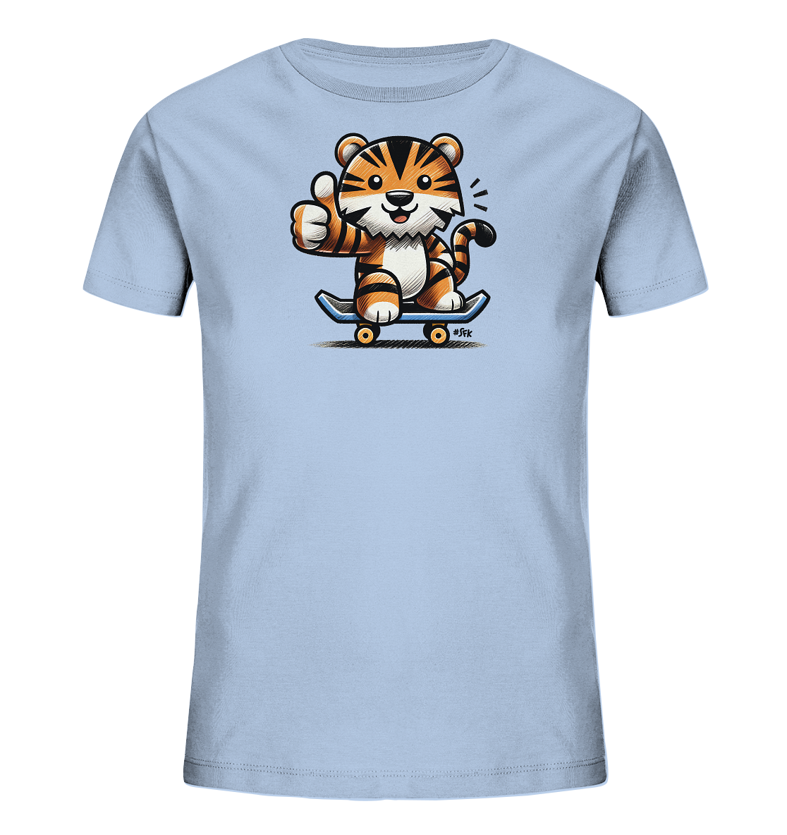 Onlineshop Shirts fuer Kinder - Das Bild zeigt ein hellblaues Kinder-T-Shirt mit einem niedlichen Cartoon-Tiger. Der Tiger sitzt auf einem Skateboard und gibt einen Daumen hoch. Seine Mimik ist froehlich und er hat grosse Augen und Ohren. Das Design wirkt verspielt und dynamisch.