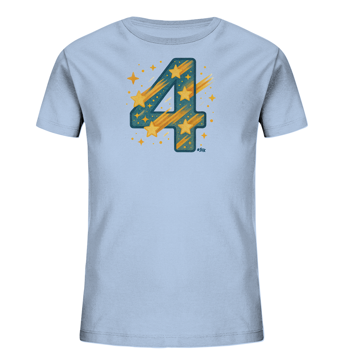 Onlineshop Shirts fuer Kinder - Das Bild zeigt ein hellblaues Kinder-T-Shirt. Die Vorderseite ist mit einer grossen Zahl 4 bedruckt, die mit einem Muster aus Sternen und fallenden Sternschnuppen gefuellt ist. Goldene Sterne und Punkte umgeben die Zahl. Das Design wirkt dynamisch und festlich, passend fuer Kindergeburtstage oder besondere Anlaesse.