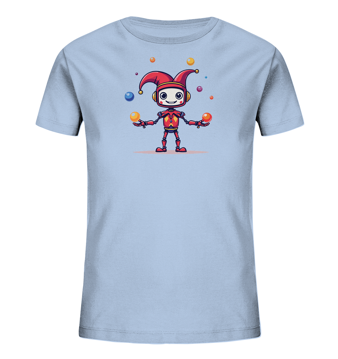 Onlineshop Shirts für Kinder - Das Bild zeigt ein hellblaues Kinder-T-Shirt auf schwarzem Hintergrund. Auf der Vorderseite des Shirts ist eine farbige Grafik eines Roboters zu sehen. Der Roboter trägt eine rote Narrenkappe und jongliert mehrere bunte Kugeln in verschiedenen Farben. Der Roboter hat ein freundliches, lächelndes Gesicht mit großen runden Augen.