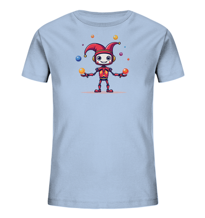 Onlineshop Shirts für Kinder - Das Bild zeigt ein hellblaues Kinder-T-Shirt auf schwarzem Hintergrund. Auf der Vorderseite des Shirts ist eine farbige Grafik eines Roboters zu sehen. Der Roboter trägt eine rote Narrenkappe und jongliert mehrere bunte Kugeln in verschiedenen Farben. Der Roboter hat ein freundliches, lächelndes Gesicht mit großen runden Augen.