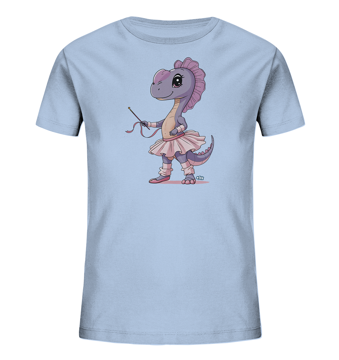 Onlineshop Shirts fuer Kinder - Das Bild zeigt ein hellblaues Kinder-T-Shirt mit einem farbenfrohen Aufdruck. Im Zentrum steht ein niedlicher, lila Cartoon-Dinosaurier, der als Ballerina gekleidet ist. Er traegt ein pinkes Tutu, passende Beinstulpen und Ballettschuhe und haelt einen Zauberstab mit Baendern in der Hand. Die Illustration ist detailreich und verspielt.