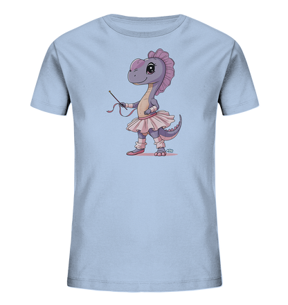 Onlineshop Shirts fuer Kinder - Das Bild zeigt ein hellblaues Kinder-T-Shirt mit einem farbenfrohen Aufdruck. Im Zentrum steht ein niedlicher, lila Cartoon-Dinosaurier, der als Ballerina gekleidet ist. Er traegt ein pinkes Tutu, passende Beinstulpen und Ballettschuhe und haelt einen Zauberstab mit Baendern in der Hand. Die Illustration ist detailreich und verspielt.