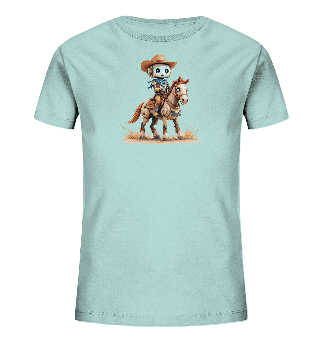 Onlineshop Shirts für Kinder - Das Bild zeigt ein hellblaues Kinder-T-Shirt mit einem detailreichen Motiv auf der Vorderseite. Zu sehen ist ein freundlich aussehender Roboter, der als Cowboy verkleidet ist, komplett mit Hut und Halstuch. Der Roboter sitzt auf einem braunen Pferd, das in einer sandigen Umgebung mit einigen Grashalmen steht. Die Illustration ist im Cartoon-Stil gehalten und nimmt einen zentralen Bereich des Shirts ein.