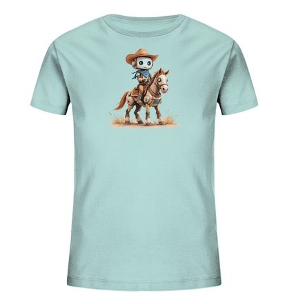 Onlineshop Shirts für Kinder - Das Bild zeigt ein hellblaues Kinder-T-Shirt mit einem detailreichen Motiv auf der Vorderseite. Zu sehen ist ein freundlich aussehender Roboter, der als Cowboy verkleidet ist, komplett mit Hut und Halstuch. Der Roboter sitzt auf einem braunen Pferd, das in einer sandigen Umgebung mit einigen Grashalmen steht. Die Illustration ist im Cartoon-Stil gehalten und nimmt einen zentralen Bereich des Shirts ein.