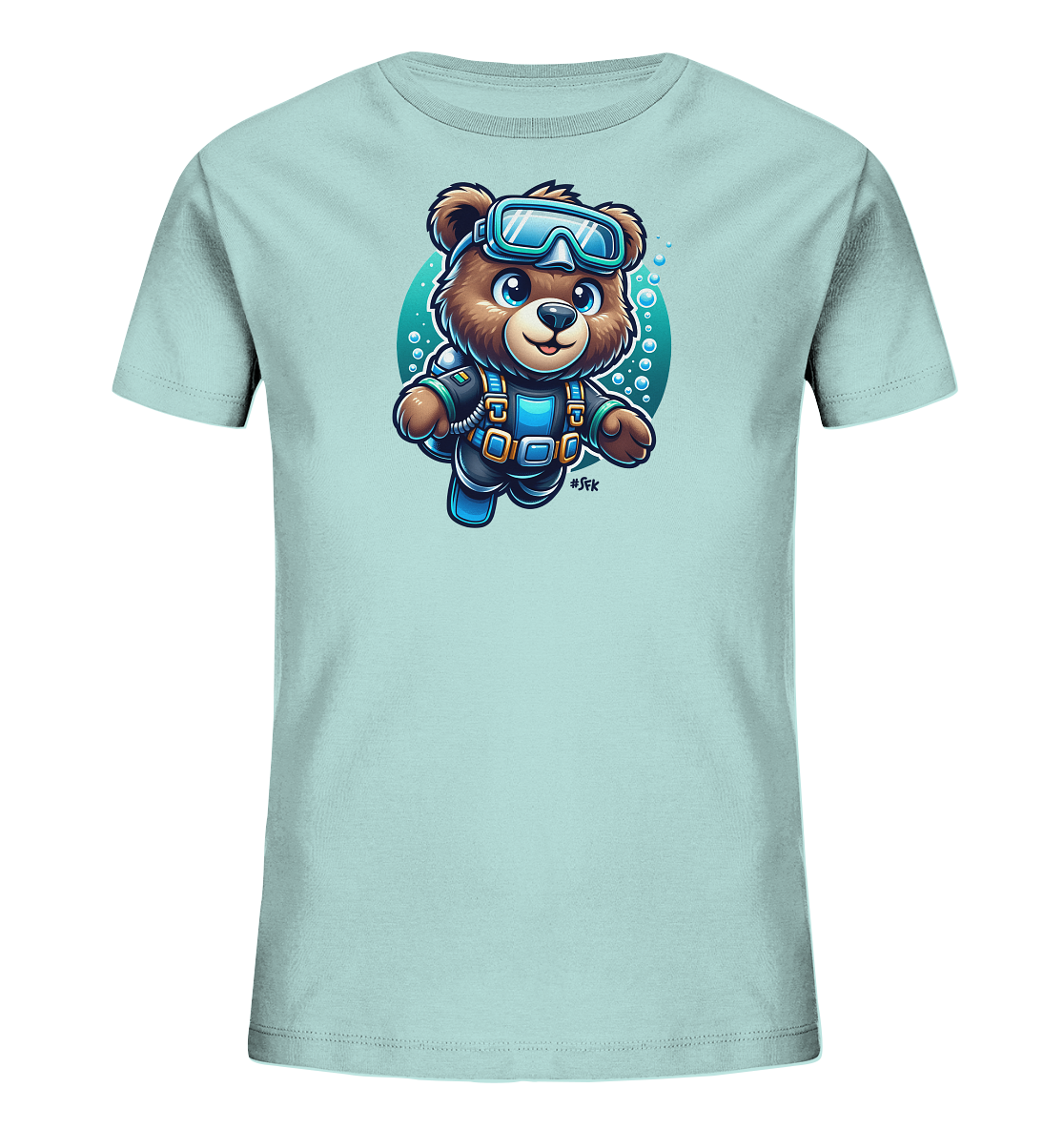 Onlineshop Shirts fuer Kinder - Das Bild zeigt ein hellblaues Kinder-T-Shirt mit einem niedlichen Druck auf der Vorderseite. Der Druck stellt einen Cartoon-Baer in voller Tauchausruestung dar, der laechelnd durch Blasen schwimmt. Ein blauer, kreisfoermiger Hintergrund und sprudelnde Blasen ergaenzen das Unterwasser-Motiv. Die Illustration ist farbenfroh und detailreich, was dem Shirt einen abenteuerlichen Look verleiht.