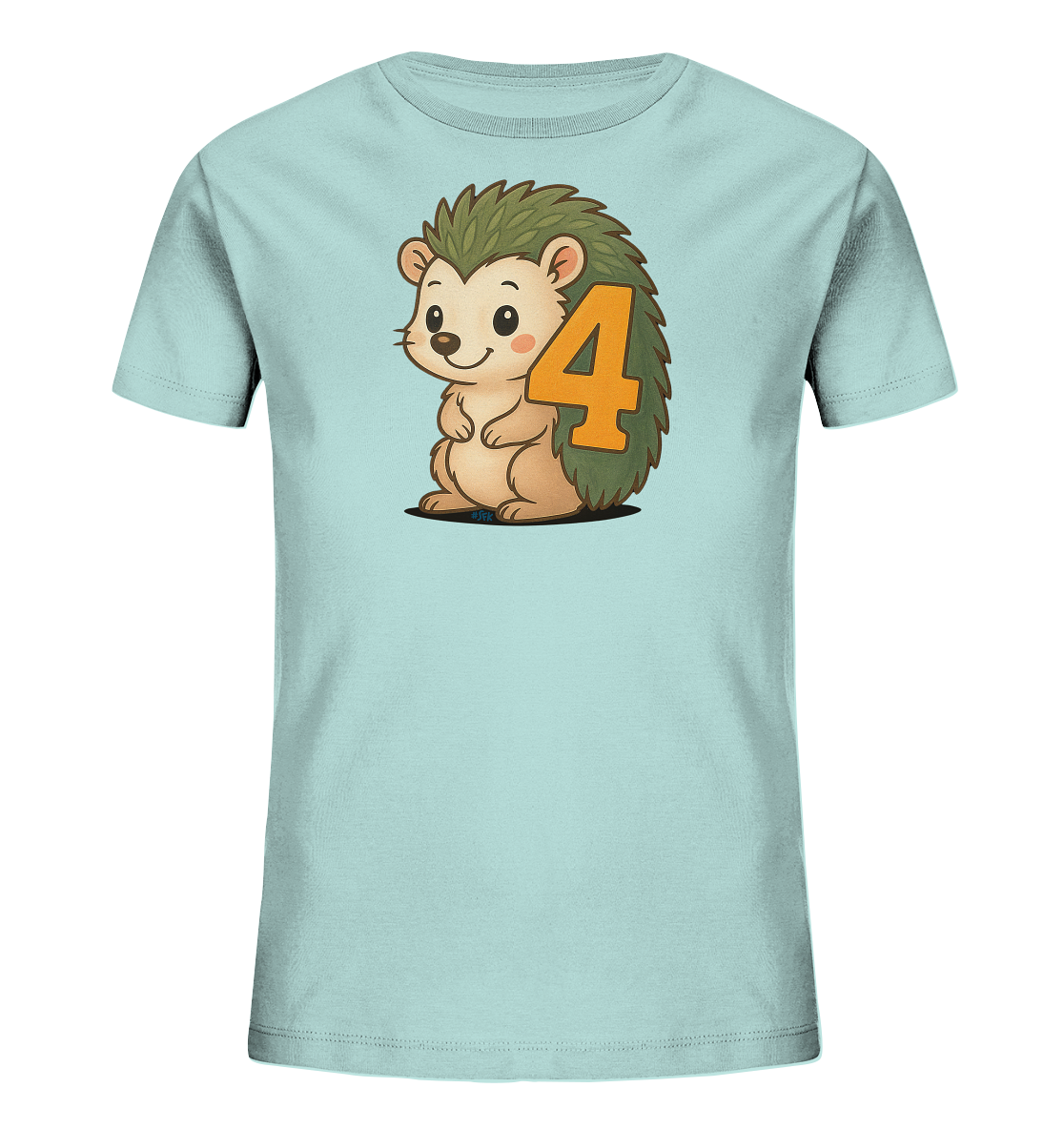 Onlineshop Shirts fuer Kinder - Das Bild zeigt ein hellblaues Kinder T-Shirt mit einem niedlichen Druck auf der Vorderseite. Das Motiv stellt einen cartoonhaften Igel dar, der sitzt und laechelt. Hinter dem Igel ist eine grosse, orangefarbene Zahl Vier zu sehen. Das Design wirkt freundlich und verspielt.