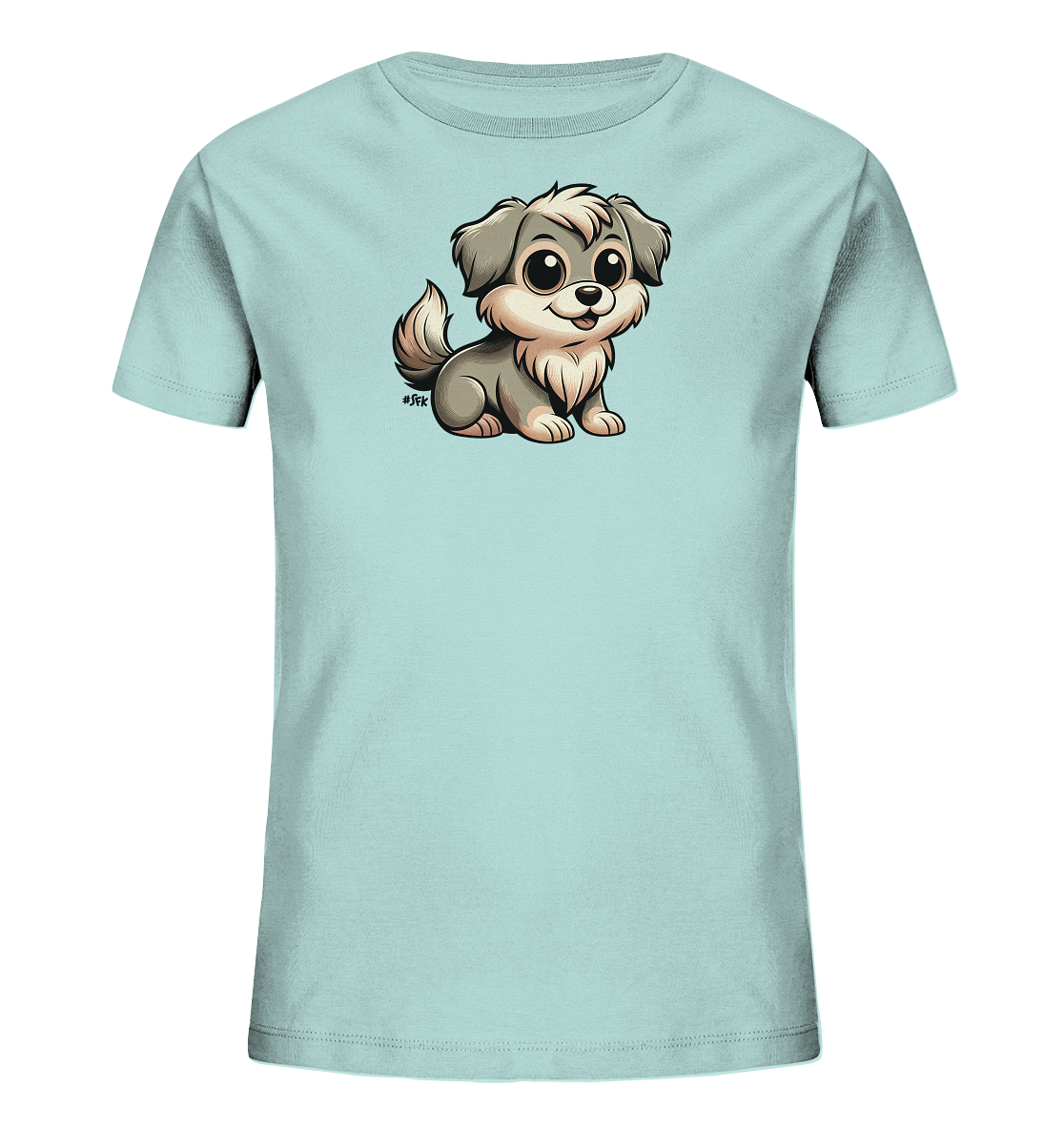 Onlineshop Shirts fuer Kinder - Das Bild zeigt ein hellblaues Kinder T-Shirt mit einem niedlichen Cartoon-Hund auf der Vorderseite. Der kleine Hund hat grau-weisses Fell, grosse Kulleraugen und ein freundliches Laecheln. Die Illustration ist detailliert gestaltet und gibt dem Shirt einen verspielten Charakter. Es ist ein ansprechendes Motiv fuer Kinderbekleidung.