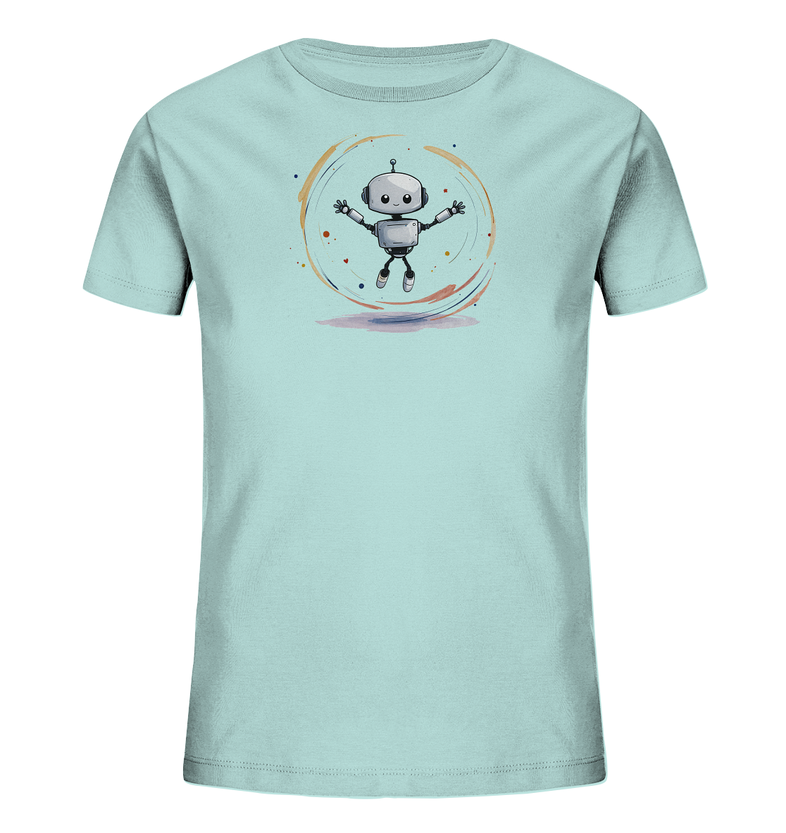 Onlineshop Shirts für Kinder - Das Bild zeigt ein hellblaues Kinder-T-Shirt mit einem auffälligen Druck auf der Vorderseite. Zu sehen ist eine Illustration eines kleinen, grauen Roboters mit großen Augen, der mit ausgestreckten Armen in die Luft springt oder schwebt. Um den Roboter herum befindet sich ein dynamischer, kreisförmiger Farbspritzer-Effekt in verschiedenen Farben wie Orange, Braun und Lila. Das Design wirkt verspielt und energiegeladen und ist ideal für Kinder.
