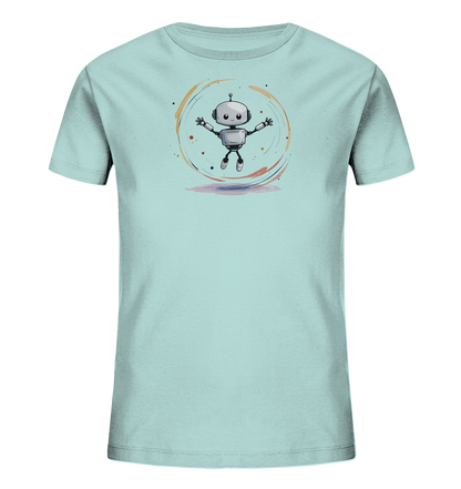 Onlineshop Shirts für Kinder - Das Bild zeigt ein hellblaues Kinder-T-Shirt mit einem auffälligen Druck auf der Vorderseite. Zu sehen ist eine Illustration eines kleinen, grauen Roboters mit großen Augen, der mit ausgestreckten Armen in die Luft springt oder schwebt. Um den Roboter herum befindet sich ein dynamischer, kreisförmiger Farbspritzer-Effekt in verschiedenen Farben wie Orange, Braun und Lila. Das Design wirkt verspielt und energiegeladen und ist ideal für Kinder.