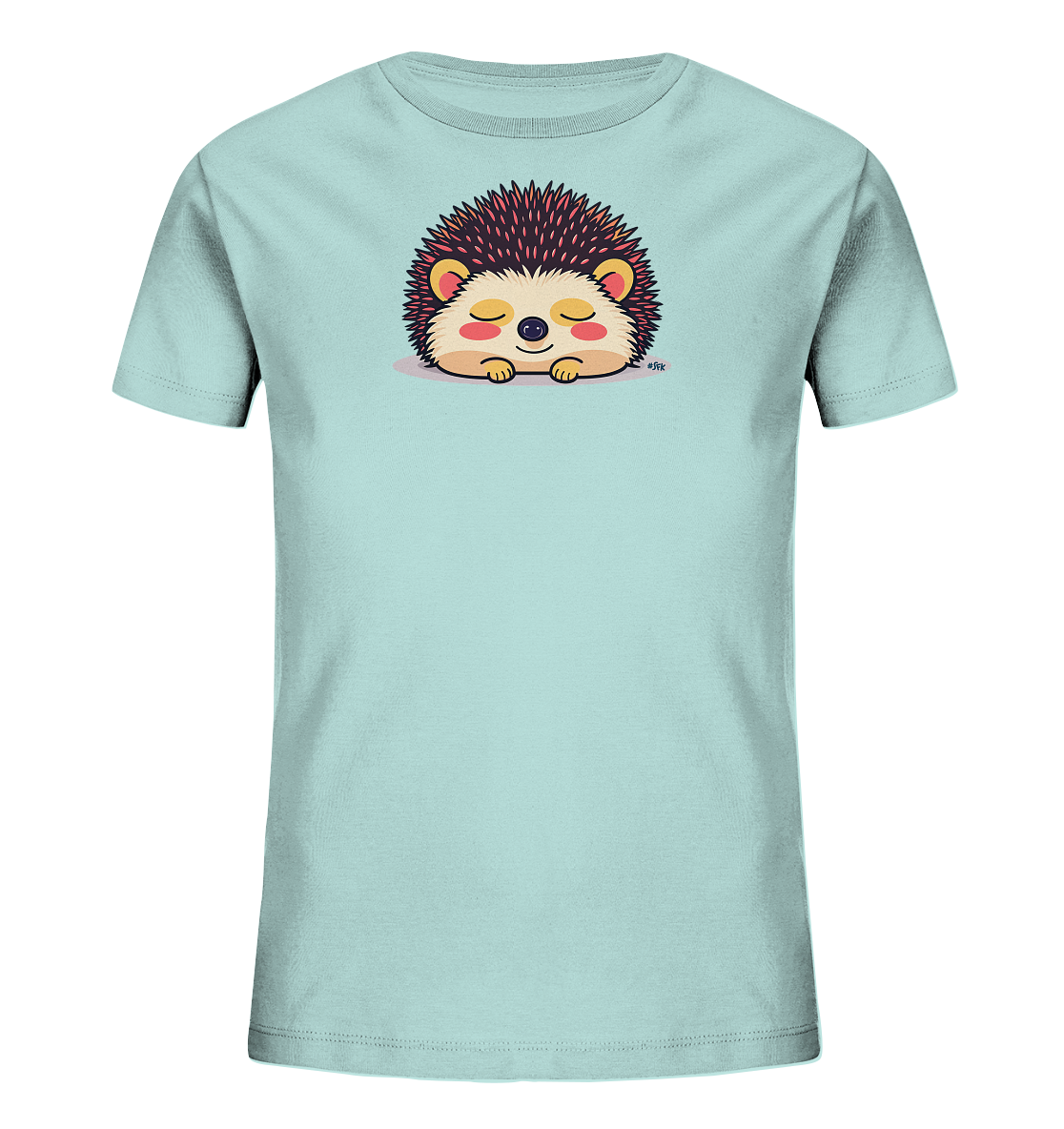 Onlineshop Shirts fuer Kinder - Das hellblaue Kinder-T-Shirt zeigt eine niedliche Illustration eines schlafenden Igels. Der Igel ist in einem Cartoon-Stil dargestellt, mit geschlossenen Augen, rosa Wangen und rotbraunen Stacheln. Er ruht friedlich auf einer angedeuteten Flaeche, was dem Motiv einen sanften und beruhigenden Ausdruck verleiht.