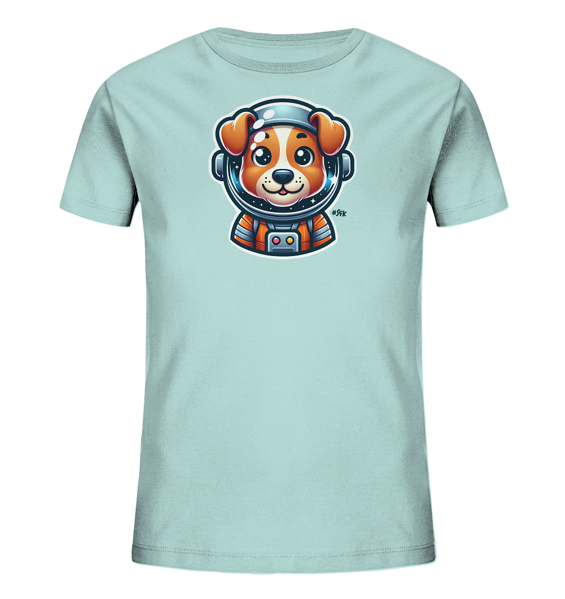 Onlineshop Shirts fuer Kinder - Das Bild zeigt ein hellblaues T-Shirt fuer Kinder. Es ist mit einer farbenfrohen Illustration eines cartoonartigen Hundes bedruckt, der einen Astronautenhelm und Raumanzug traegt. Der Hund hat grosse, freundliche Augen und das Innere des Helmvisiers zeigt einen Sternenhimmel. Das Design ist verspielt und passend fuer Weltraum-Fans.