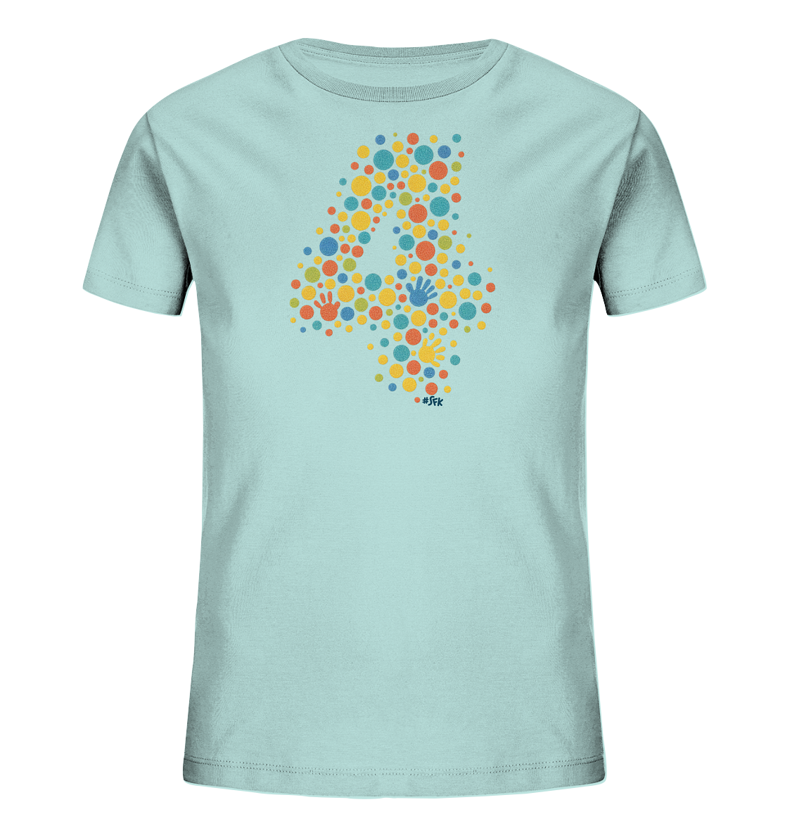 Onlineshop Shirts fuer Kinder - Das Bild zeigt ein hellblaues T-Shirt fuer Kinder. Auf der Vorderseite befindet sich eine grosse Grafik in Form der Zahl '4'. Diese ist aus vielen kleinen, bunten Punkten und Handabdruecken in Gelb, Orange, Rot, Gruen und Blau zusammengesetzt. Das verspielte Design verleiht dem Shirt einen lebendigen Look.
