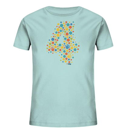 Onlineshop Shirts fuer Kinder - Das Bild zeigt ein hellblaues T-Shirt fuer Kinder. Auf der Vorderseite befindet sich eine grosse Grafik in Form der Zahl '4'. Diese ist aus vielen kleinen, bunten Punkten und Handabdruecken in Gelb, Orange, Rot, Gruen und Blau zusammengesetzt. Das verspielte Design verleiht dem Shirt einen lebendigen Look.