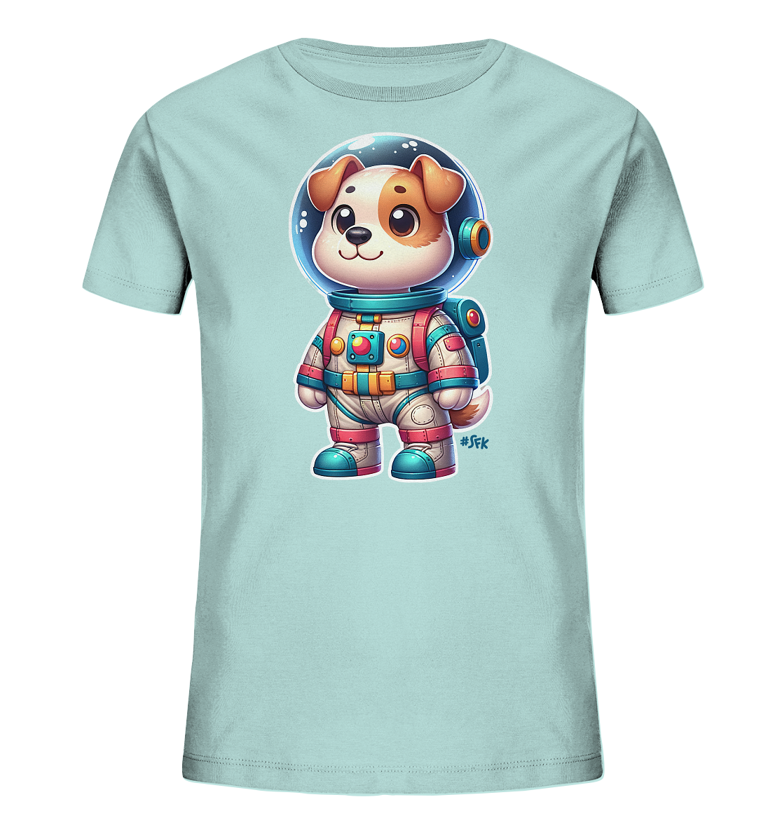 Onlineshop Shirts fuer Kinder - Das Bild zeigt ein hellblaues T-Shirt mit einem niedlichen Aufdruck eines Hundes im Astronautenanzug. Der Cartoon-Hund traegt einen farbenfrohen Raumanzug und einen Helm, der sein freundliches Gesicht zeigt. Dieses verspielte und fantasievolle Motiv ist ideal fuer kleine Weltraum-Fans.