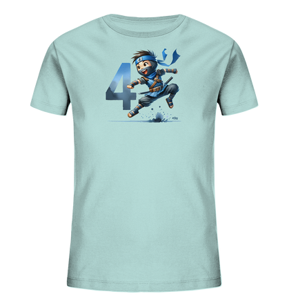 Kinder-T-Shirt mit springendem Ninja und Zahl 4