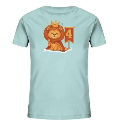 Kinder T-Shirt mit Löwenkönig, Krone, rotem Umhang und Zahl 4
