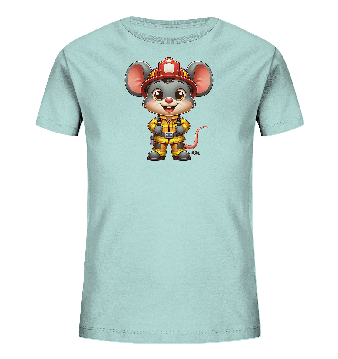 Onlineshop Shirts fuer Kinder - Dieses T-Shirt zeigt eine niedliche Cartoon-Maus, die als Feuerwehrmann verkleidet ist. Die Maus traegt eine rote Feuerwehrhelm sowie eine gelb-orange Uniform mit Reflexstreifen. Sie steht laechelnd und mutig da, bereit fuer den Einsatz. Das Design ist detailreich gestaltet und macht das hellblaue Shirt zu einem Hingucker.