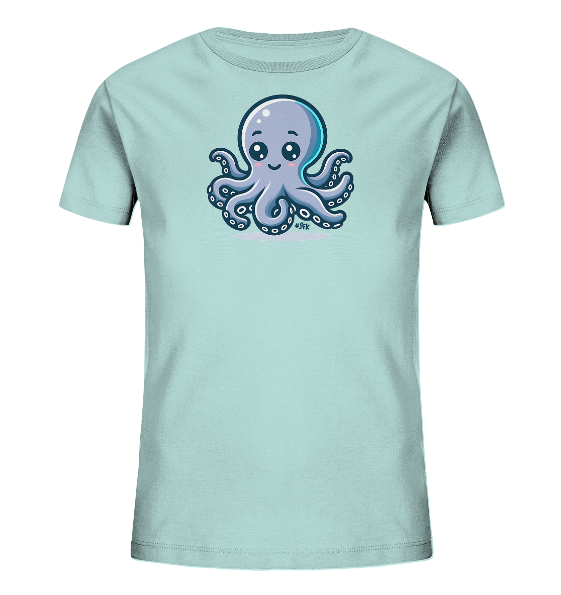 Onlineshop Shirts fuer Kinder - Das Bild zeigt ein hellblaues Kinder-T-Shirt mit einem niedlichen, cartoonartigen Oktopus-Motiv auf der Vorderseite. Der Oktopus ist in Blautoenen gehalten, hat grosse, ausdrucksstarke Augen und ein freundliches Laecheln. Seine acht Tentakel sind symmetrisch angeordnet und das Design wirkt insgesamt sehr verspielt und kinderfreundlich. Es ist ein froehliches T-Shirt mit einem charmanten Meerestier-Motiv.