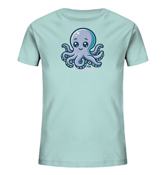Onlineshop Shirts fuer Kinder - Das Bild zeigt ein hellblaues Kinder-T-Shirt mit einem niedlichen, cartoonartigen Oktopus-Motiv auf der Vorderseite. Der Oktopus ist in Blautoenen gehalten, hat grosse, ausdrucksstarke Augen und ein freundliches Laecheln. Seine acht Tentakel sind symmetrisch angeordnet und das Design wirkt insgesamt sehr verspielt und kinderfreundlich. Es ist ein froehliches T-Shirt mit einem charmanten Meerestier-Motiv.