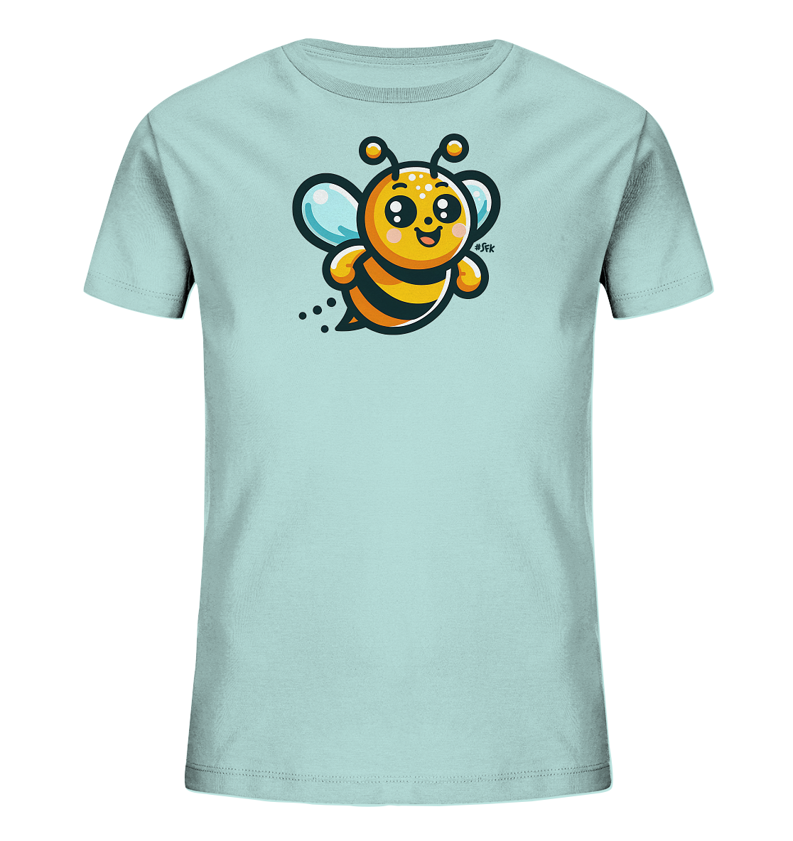 Onlineshop Shirts fuer Kinder - Das Bild zeigt ein hellblaues Kinder-T-Shirt. Auf der Vorderseite ist eine freundliche, cartoonhafte Biene abgebildet. Die Biene hat grosse Augen, einen orange-schwarz gestreiften Koerper und hellblaue Fluegel. Sie fliegt nach links, was durch kleine Punkte angedeutet wird.