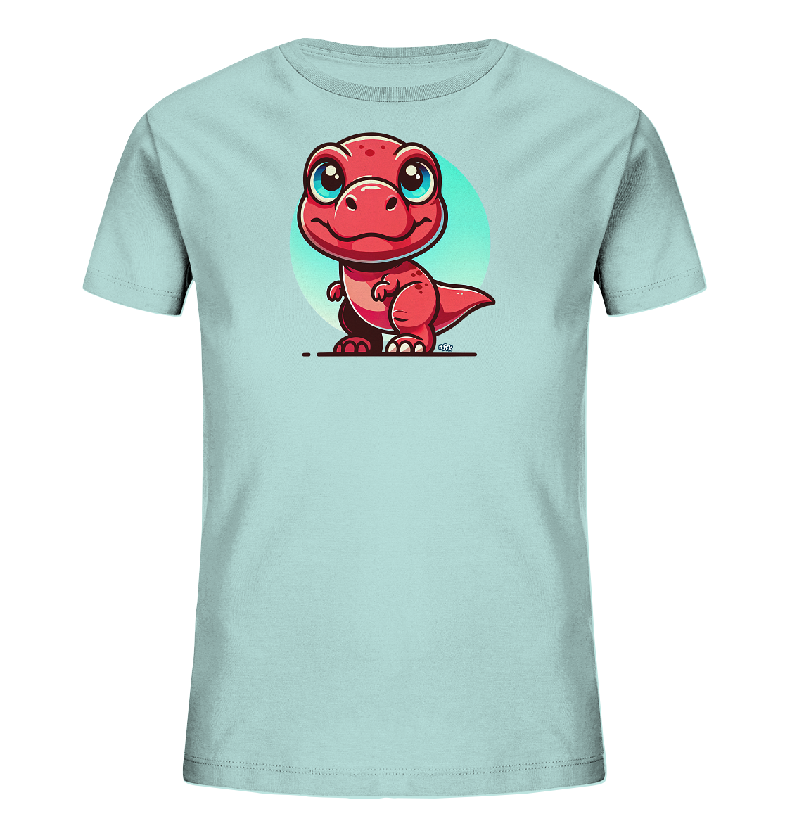 Onlineshop Shirts für Kinder - Das Bild zeigt ein hellblaues Kinder-T-Shirt mit einer niedlichen Illustration auf der Vorderseite. Darauf ist ein kleiner, roter Cartoon-Dinosaurier mit großen blauen Augen und einem freundlichen Lächeln zu sehen. Der Dino steht auf seinen Hinterbeinen vor einem blassen, kreisförmigen Hintergrund. Das Design ist schlicht, farbenfroh und spricht Kinder an.