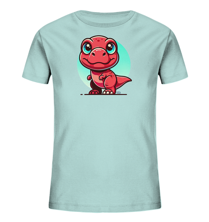 Onlineshop Shirts für Kinder - Das Bild zeigt ein hellblaues Kinder-T-Shirt mit einer niedlichen Illustration auf der Vorderseite. Darauf ist ein kleiner, roter Cartoon-Dinosaurier mit großen blauen Augen und einem freundlichen Lächeln zu sehen. Der Dino steht auf seinen Hinterbeinen vor einem blassen, kreisförmigen Hintergrund. Das Design ist schlicht, farbenfroh und spricht Kinder an.