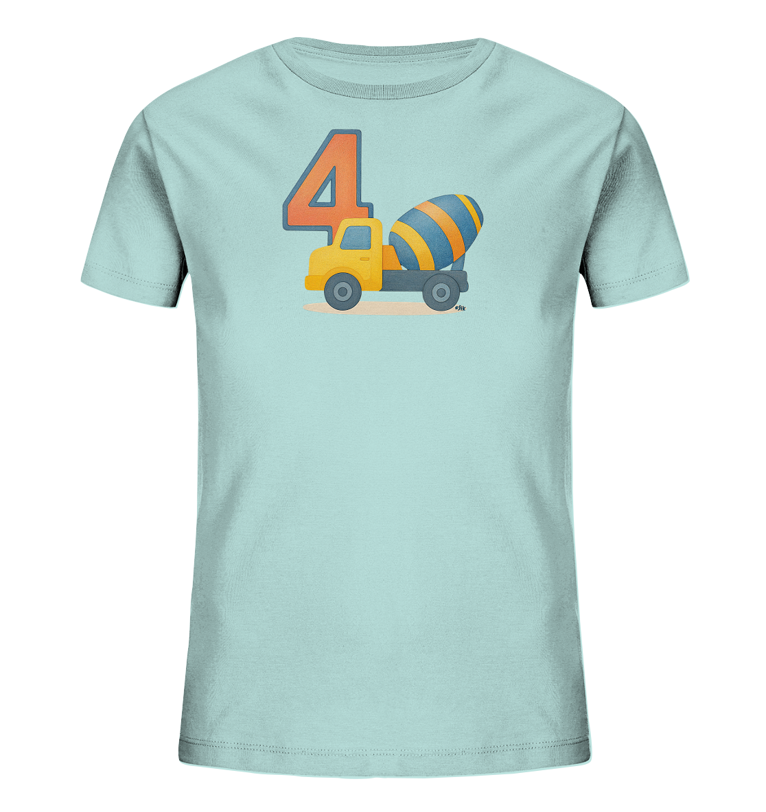 Onlineshop Shirts fuer Kinder - Das Bild zeigt ein hellblaues T-Shirt mit einem Motiv fuer Kinder. Auf der Vorderseite ist eine grosse, orangefarbene Zahl '4' neben einem gelben Betonmischer-LKW abgebildet. Der Mischer hat blau-orangefarbene Streifen, und das Motiv ist in einem verspielten Stil gehalten. Dieses Design eignet sich besonders fuer einen vierten Geburtstag.