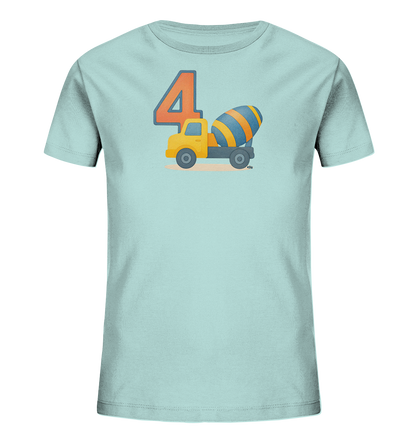 Onlineshop Shirts fuer Kinder - Das Bild zeigt ein hellblaues T-Shirt mit einem Motiv fuer Kinder. Auf der Vorderseite ist eine grosse, orangefarbene Zahl '4' neben einem gelben Betonmischer-LKW abgebildet. Der Mischer hat blau-orangefarbene Streifen, und das Motiv ist in einem verspielten Stil gehalten. Dieses Design eignet sich besonders fuer einen vierten Geburtstag.