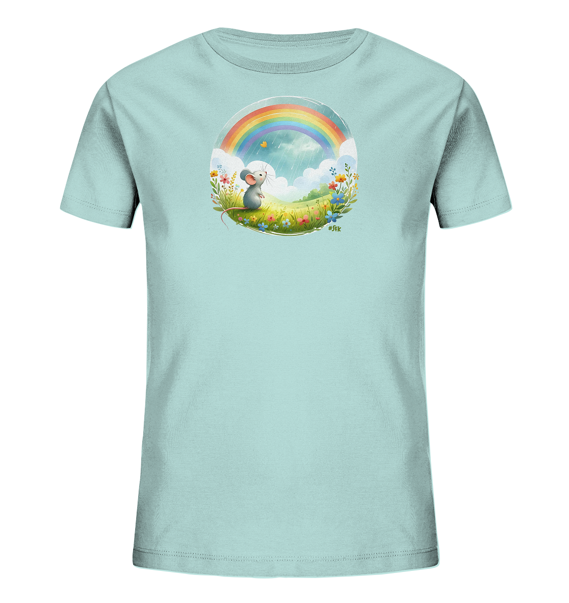 Onlineshop Shirts fuer Kinder - Das Bild zeigt ein hellblaues T-Shirt mit einem runden Druckmotiv auf der Vorderseite. Das Motiv stellt eine freundliche Maus dar, die in einer bluehenden Wiese sitzt und zu einem Regenbogen am Himmel schaut. Kleine Wolken und ein Schmetterling ergaenzen die Szene, die von einem Kreis aus Blumen und Graesern eingerahmt wird. Das Design wirkt froehlich und naturnah.