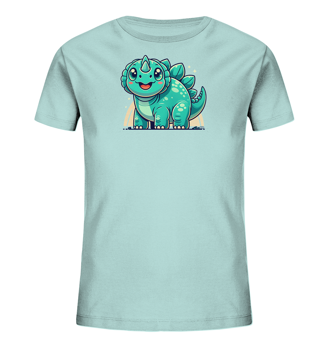 Onlineshop Shirts fuer Kinder - Das Bild zeigt ein hellblaues Kinder-T-Shirt mit einem niedlichen Dinosaurier-Motiv auf der Vorderseite. Der Cartoon-Dinosaurier hat eine tuerkise Farbe, grosse Augen und einen freundlichen Ausdruck. Um den Dino herum sind ein kleiner Regenbogen und funkelnde Sterne zu sehen. Das Design ist farbenfroh und verspielt, ideal fuer junge Dino-Fans.