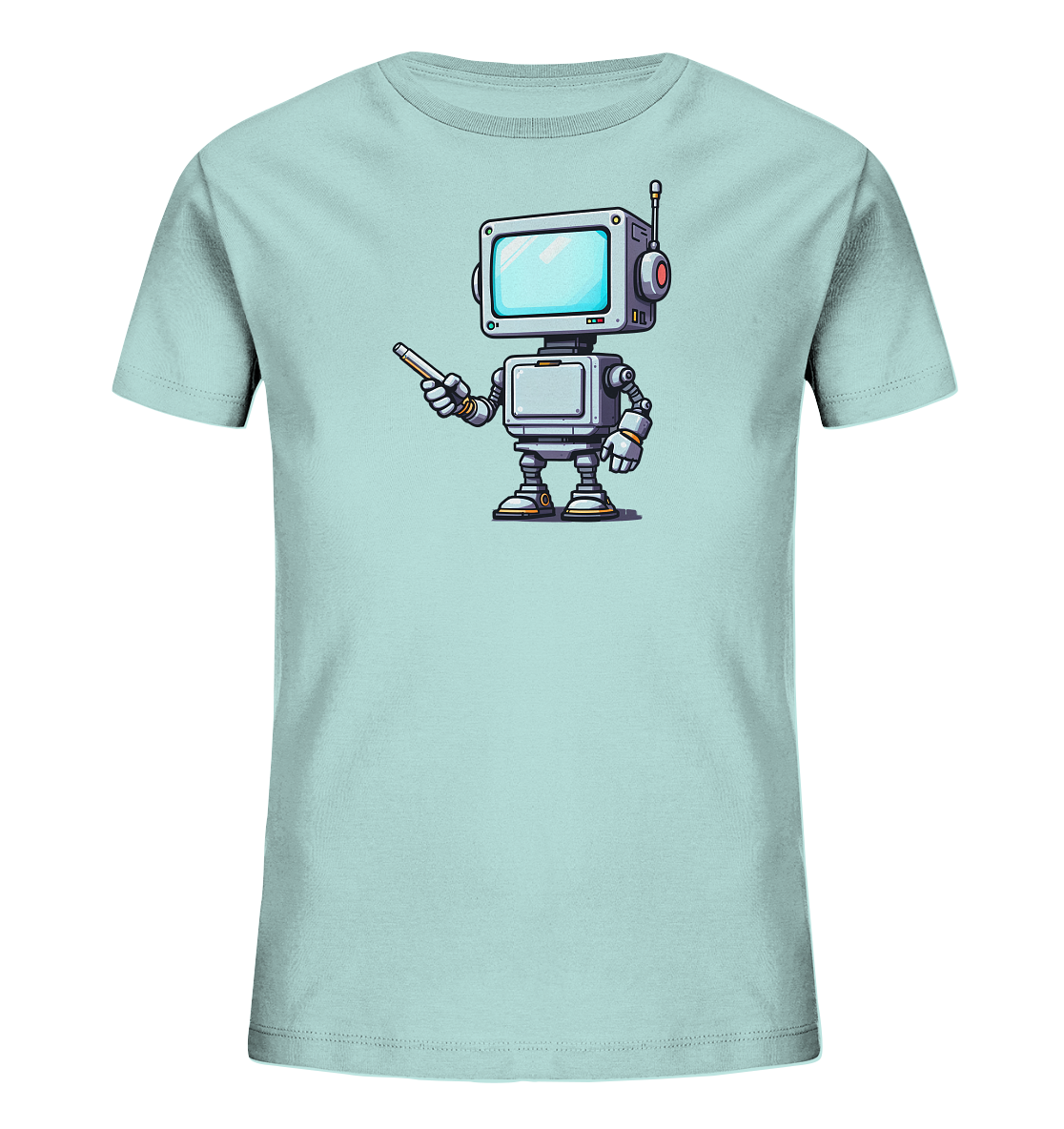 Onlineshop Shirts für Kinder - Das Bild zeigt ein hellblaues T-Shirt für Kinder, präsentiert auf einem schwarzen Hintergrund. Auf der Vorderseite ist eine detaillierte Illustration eines Roboters im Cartoon-Stil abgebildet. Der Roboter hat einen rechteckigen Bildschirm als Kopf, eine Antenne und hält einen Zeigestab. Das Design wirkt modern, technisch und zugleich freundlich, was dem Shirt einen ansprechenden Look verleiht.