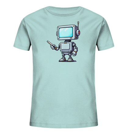 Onlineshop Shirts für Kinder - Das Bild zeigt ein hellblaues T-Shirt für Kinder, präsentiert auf einem schwarzen Hintergrund. Auf der Vorderseite ist eine detaillierte Illustration eines Roboters im Cartoon-Stil abgebildet. Der Roboter hat einen rechteckigen Bildschirm als Kopf, eine Antenne und hält einen Zeigestab. Das Design wirkt modern, technisch und zugleich freundlich, was dem Shirt einen ansprechenden Look verleiht.