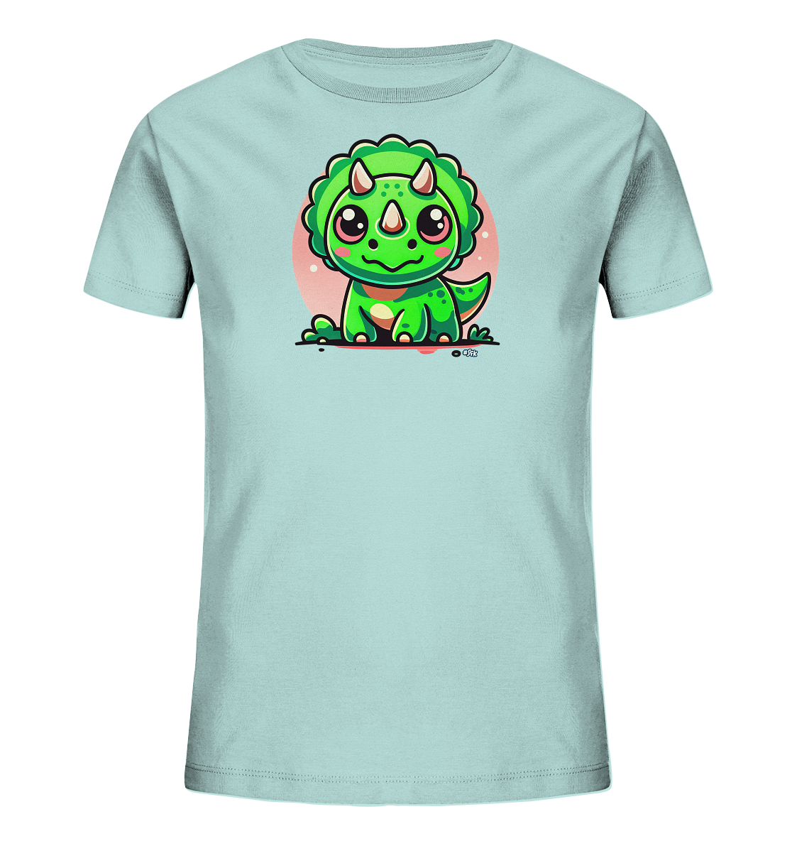 Onlineshop Shirts fuer Kinder - Das Bild zeigt ein hellblaues Kinder-T-Shirt mit einer niedlichen Illustration eines kleinen gruenen Dinosauriers auf der Vorderseite. Der Dinosaurier sitzt, hat grosse Augen, rosa Wangen und einen freundlichen Ausdruck. Hinter dem Dino ist ein grosser, weicher rosa Kreis. Das Design wirkt verspielt und ansprechend fuer Kinder.