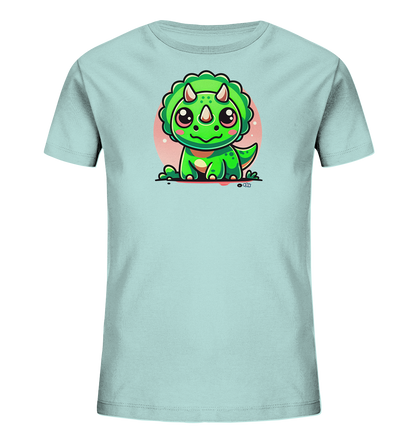 Onlineshop Shirts fuer Kinder - Das Bild zeigt ein hellblaues Kinder-T-Shirt mit einer niedlichen Illustration eines kleinen gruenen Dinosauriers auf der Vorderseite. Der Dinosaurier sitzt, hat grosse Augen, rosa Wangen und einen freundlichen Ausdruck. Hinter dem Dino ist ein grosser, weicher rosa Kreis. Das Design wirkt verspielt und ansprechend fuer Kinder.