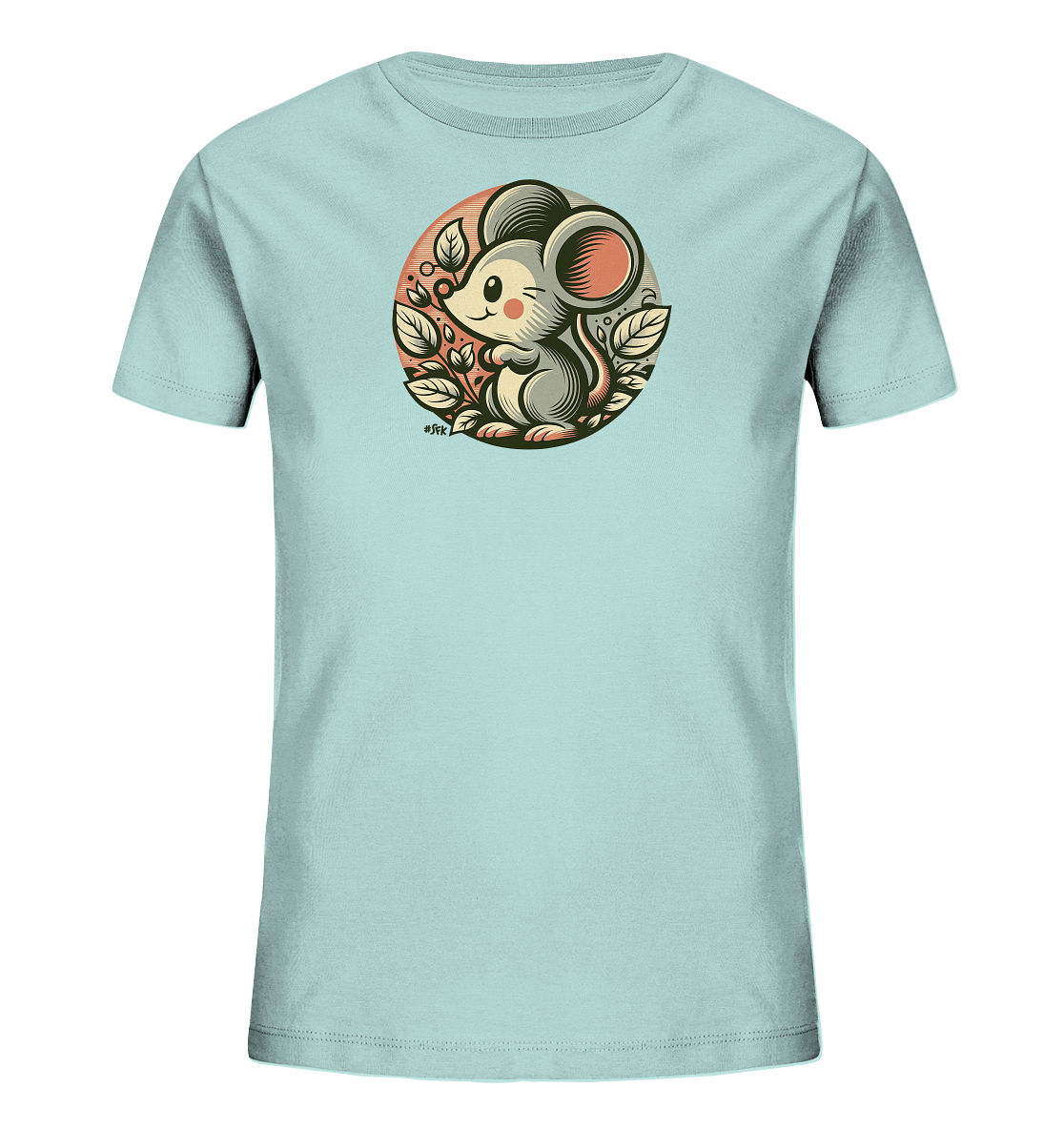Onlineshop Shirts fuer Kinder - Das Bild zeigt ein hellblaues Kinder-T-Shirt mit einem niedlichen Motiv einer Maus. Die Maus sitzt in einem Kreis umgeben von stilisierten Blaettern und Zweigen. Der Hintergrund im Kreis hat einen sanften Farbverlauf von Orange zu Beige. Die Grafik ist kuenstlerisch gestaltet und verleiht dem Shirt einen froehlichen Look.
