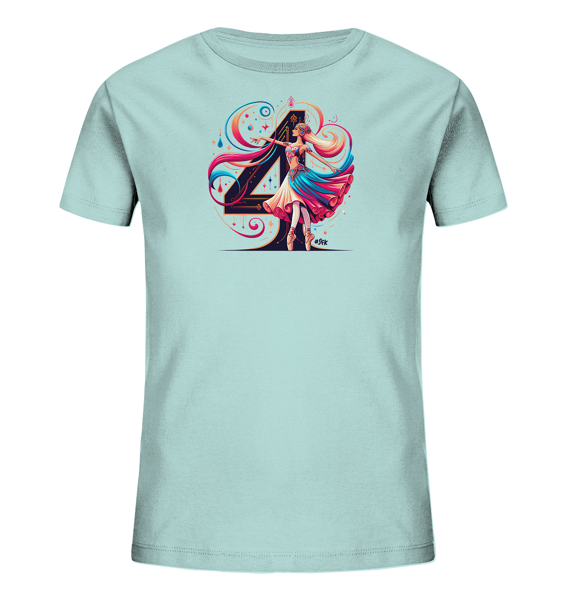 Onlineshop Shirts fuer Kinder - Dieses hellblaue Kinder-T-Shirt zeigt ein lebhaftes, kuenstlerisches Design. Im Zentrum steht eine grosse schwarze Zahl '4', umrahmt von bunten, fliessenden Formen. Davor ist eine tanzende Figur in Ballettschuhen abgebildet, deren Kleid und Haare ebenfalls in leuchtenden Farben gehalten sind. Das Motiv wirkt dynamisch und fantasievoll.