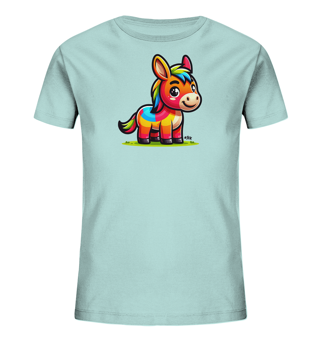 Onlineshop Shirts fuer Kinder - Das Bild zeigt ein hellblaues T-Shirt fuer Kinder auf einem neutralen Hintergrund. Auf der Vorderseite ist eine bunte Illustration eines kleinen Esels zu sehen. Der Esel ist im Stil einer Piñata mit lebendigen Farben wie Rot, Gelb, Blau und Gruen gestaltet und steht auf einer stilisierten gruenen Wiese. Das Design wirkt froehlich und kindgerecht.
