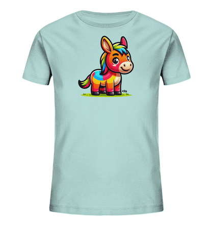Onlineshop Shirts fuer Kinder - Das Bild zeigt ein hellblaues T-Shirt fuer Kinder auf einem neutralen Hintergrund. Auf der Vorderseite ist eine bunte Illustration eines kleinen Esels zu sehen. Der Esel ist im Stil einer Piñata mit lebendigen Farben wie Rot, Gelb, Blau und Gruen gestaltet und steht auf einer stilisierten gruenen Wiese. Das Design wirkt froehlich und kindgerecht.