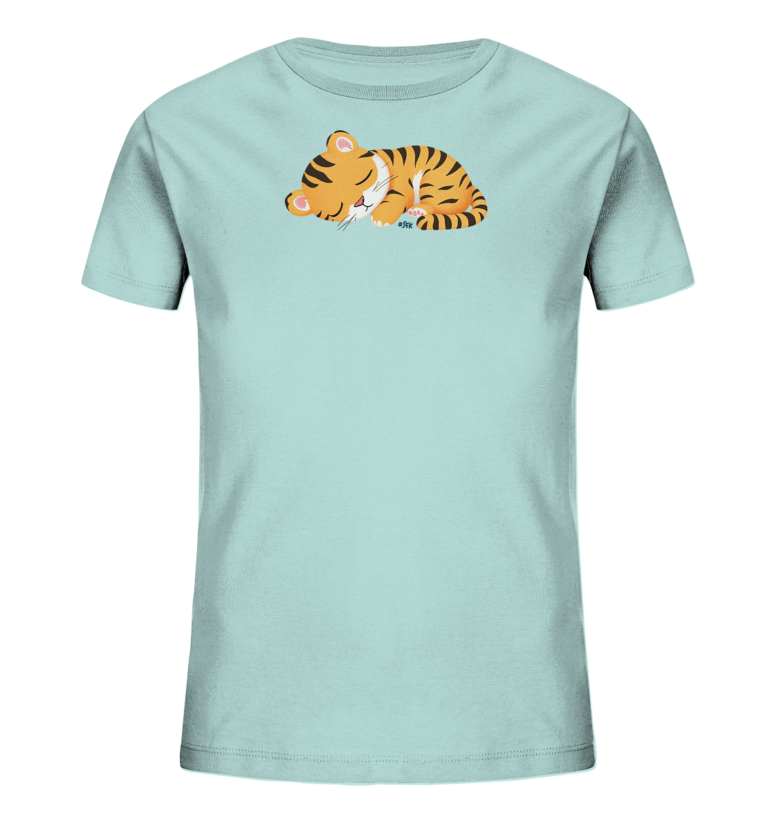 Onlineshop Shirts fuer Kinder - Das Bild zeigt ein hellblaues Kinder-T-Shirt. Auf der Vorderseite ist eine niedliche Illustration eines schlafenden Tigerbabys zu sehen. Der kleine Tiger ist zusammengerollt dargestellt, mit geschlossenen Augen und orange-schwarzem Fell. Das Design verleiht dem Shirt einen ruhigen und verspielten Charakter.