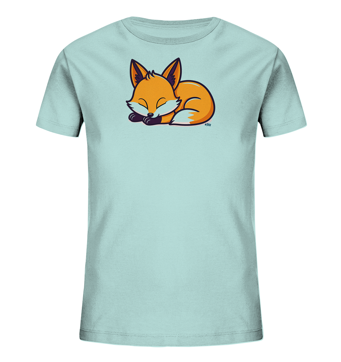 Onlineshop Shirts fuer Kinder - Das Bild zeigt ein hellblaues Kinder-T-Shirt mit einem niedlichen Tiermotiv auf der Vorderseite. Darauf ist ein kleiner, orangefarbener Fuchs abgebildet, der eingerollt schlaeft. Das Design wirkt friedlich und verspielt, ideal fuer Kinder. Die klaren Linien und Kontraste heben das Motiv hervor.